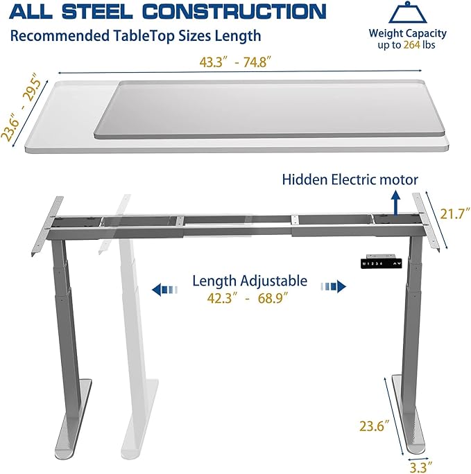 AIMEZO Standing Desk Frame, Dual Motor Electric Height Adjustable Sit Stand Desk Frame with 4 Memory Preset Button, USB Charging Port for Home Office (3 Tier Legs, Gray) - LeafyLoom