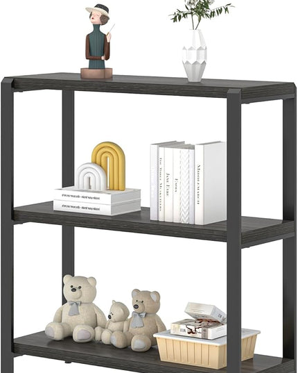 FOLUBAN Rustic Small Bookshelf and Bookcase, 3 Tier Low Short Book Shelf, Industrial Metal and Wood Book Case for Bedroom Living Room, Dark Gray - LeafyLoom