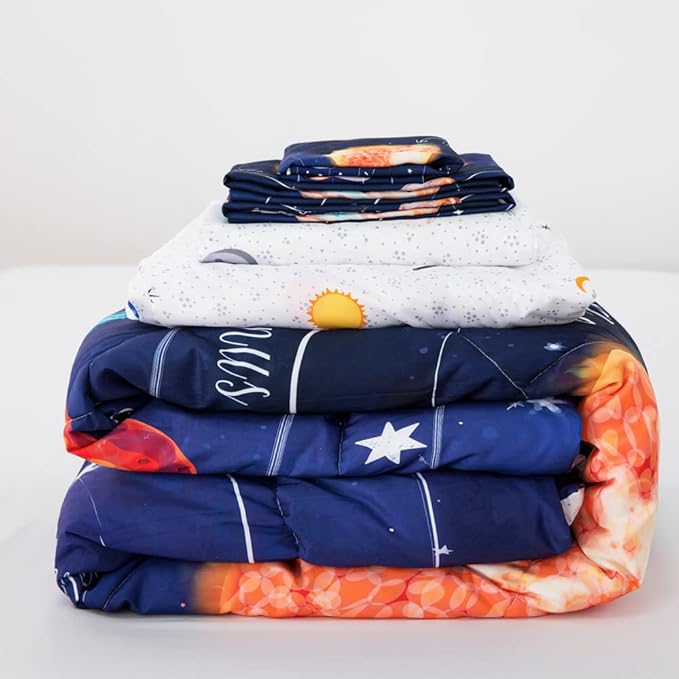 ADASMILE A & S Solar System Comforter Set Twin Outer Space Comforter for Kids 6 Pcs Bed in A Bag Twin Comforter Set for Boys Space Bed Set Galaxy Comforter with Star Moon Sheets for Kids Home Decor - LeafyLoom