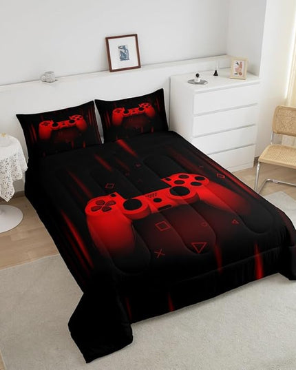 Feelyou Queen Comforter Set for Boys Gamer Bedding Set for Boys Kids Gaming Comforter Red Black Teen Child Gamer Room Decor Soft Game Geometric Duvet Quilted 1 Comforter with 2 Pillowcases Gamer Gifts - LeafyLoom