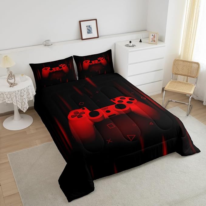 Feelyou Boys Gamer Comforter Set Full Size Gaming Bedding Set Kids Video Games Comforter for Teen Child Gamer Room Decor Super Soft Red Black Bed Set Microfiber Game Geometric Duvet Quilted Gamer Gift - LeafyLoom