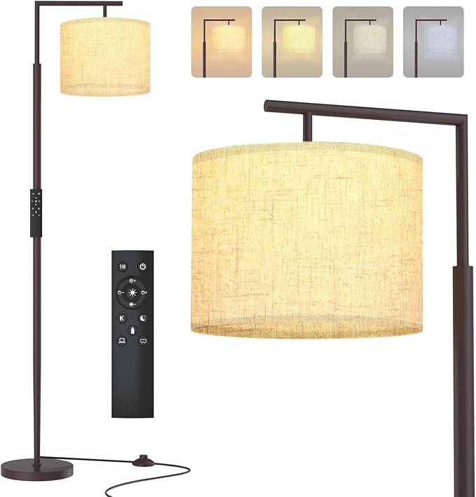 PESRAE Floor Lamp for Living Room, LED Floor Lamp with Remote Control, 4 Color Temperature LED Bulb Included, Modern Standing lamp with Linen Lampshade for Bedroom,Brown - LeafyLoom
