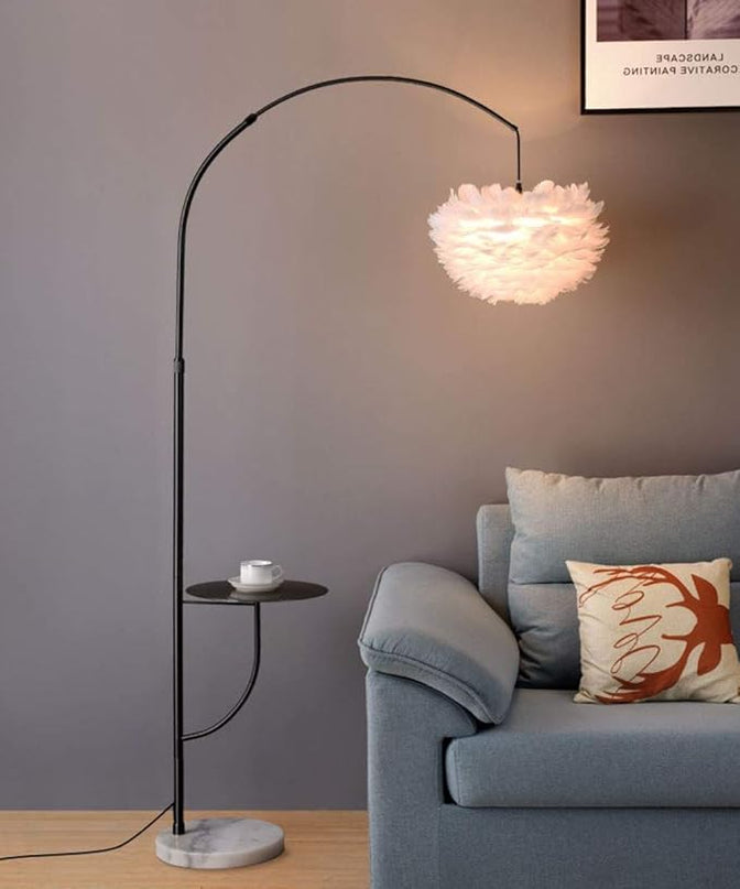 White Feather Floor Lamp with Table, Great Floor Light Height Adjustable (Black) - LeafyLoom