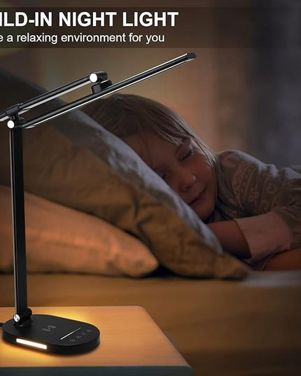 LED Desk Lamp with Wireless Charger, USB Charging Port, Touch Control, 5 Color Modes, 5 Brightness Level, Eye-Caring Desk Lamp for Study Reading, 1H Timer, Home Office Table Lamp - LeafyLoom