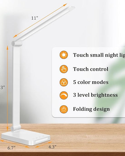 Dott Arts LED Desk Lamp with USB Ports,Touch Desk Lamps for Home Office with 5 Color Modes,3 Brightness Desk Light with Small Night Light,Reading Lamp Table LED Lamp for Bedroom Bedsid Study White - LeafyLoom