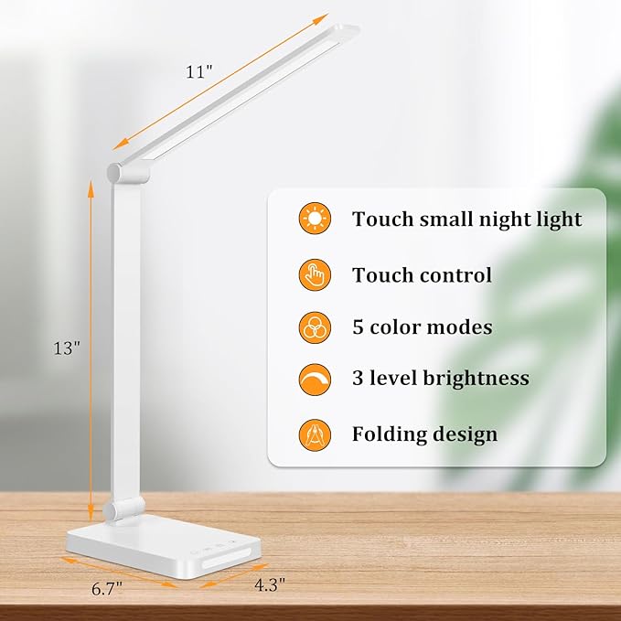 Dott Arts LED Desk Lamp with USB Ports,Touch Desk Lamps for Home Office with 5 Color Modes,3 Brightness Desk Light with Small Night Light,Reading Lamp Table LED Lamp for Bedroom Bedsid Study White - LeafyLoom