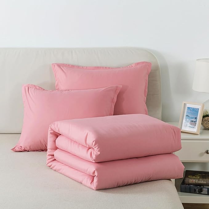 Pink Comforter Set Full Size, Solid Blush Girls Pink Down Alternative Boho Bedding Comforter Set, Breathable Fluffy Microfiber 3 PCS Comforter Set for All Seasons - LeafyLoom