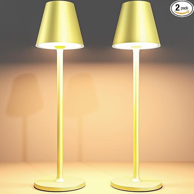 2Pack LED CordlessTable Lamp,4000mAh Rechargeable Battery Desk lamp,3 Level Brightness Night Light, Simple Design, for Couple Dinner/Coffee Table/Restaurant/Bedroom(Champagne gold 2Pack) - LeafyLoom