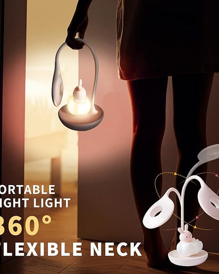 Kids Desk Lamp Pink, Dimming Desk Lamp for Girls with Exclusive Cartoon Look, Cute Night Light for Kids Bedroom, Eye-Caring LED Portable Reading Lamp for Child, Unique Gift (Pink Rabbit) - LeafyLoom