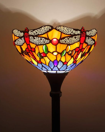 WERFACTORY Tiffany Floor Lamp Orange Blue Stained Glass Dragonfly Light 12X12X66 Inches Torchiere Standing Corner Torch Uplight Decor Bedroom Living Room Home Office S168 Series - LeafyLoom