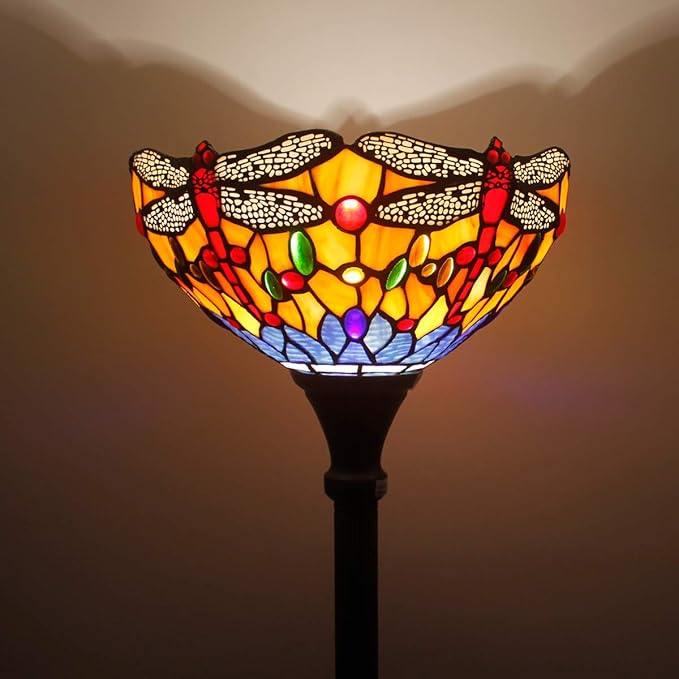 WERFACTORY Tiffany Floor Lamp Orange Blue Stained Glass Dragonfly Light 12X12X66 Inches Torchiere Standing Corner Torch Uplight Decor Bedroom Living Room Home Office S168 Series - LeafyLoom