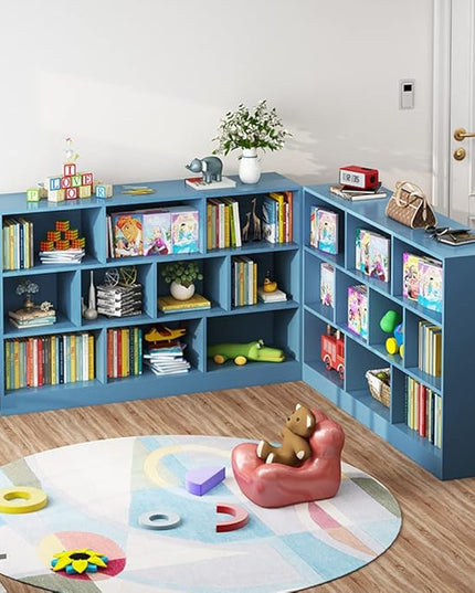 IOTXY Open Shelf Low Bookcase - Wooden 3-Tier Floor Standing Display Cabinet Organizer with Base, 7 Cubes Short Horizontal Bookshelf in Bright Blue - LeafyLoom