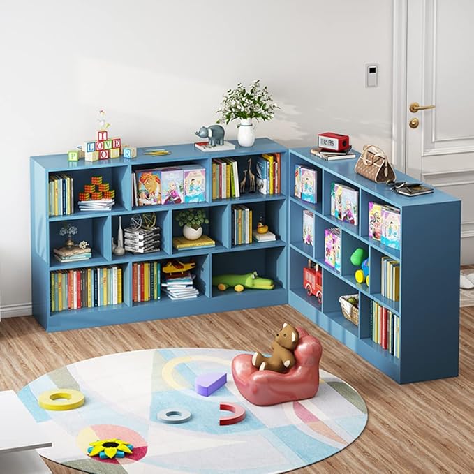 IOTXY Open Shelf Low Bookcase - Wooden 3-Tier Floor Standing Display Cabinet Organizer with Base, 7 Cubes Short Horizontal Bookshelf in Bright Blue - LeafyLoom