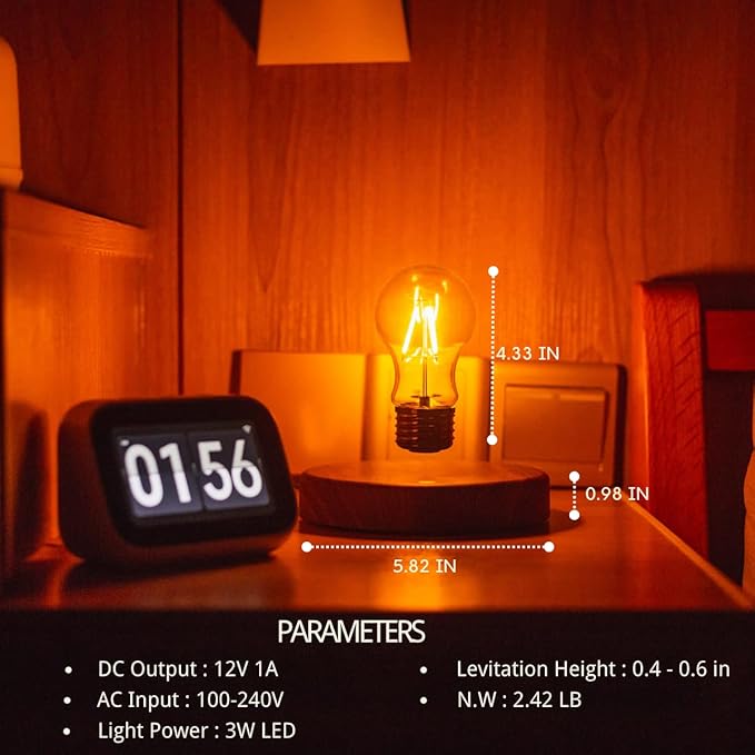 Levitating Bulb Lamp Magnetic Floating Lamp Light Desk Lamp Night Light Table LED for Unique Gifts, Room Decor, Night Light, Home Office Decor Desk Tech Toys (Round-Dark Brown Base) - LeafyLoom