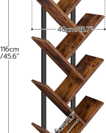 HOOBRO Tree Bookshelf, 9-Tier Bookcase Wooden Shelves, Floor Standing Storage Rack, for Display of CDs, Books in Living Room, Home Office, Wood Storage Rack for Bedroom, Rustic Brown BF08SJ01G1 - LeafyLoom