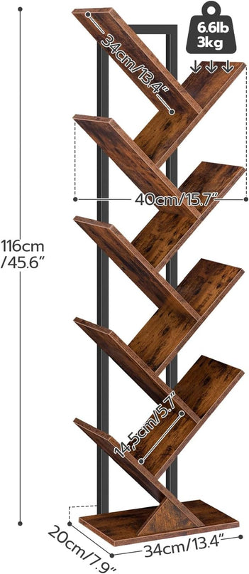 HOOBRO Tree Bookshelf, 9-Tier Bookcase Wooden Shelves, Floor Standing Storage Rack, for Display of CDs, Books in Living Room, Home Office, Wood Storage Rack for Bedroom, Rustic Brown BF08SJ01G1 - LeafyLoom