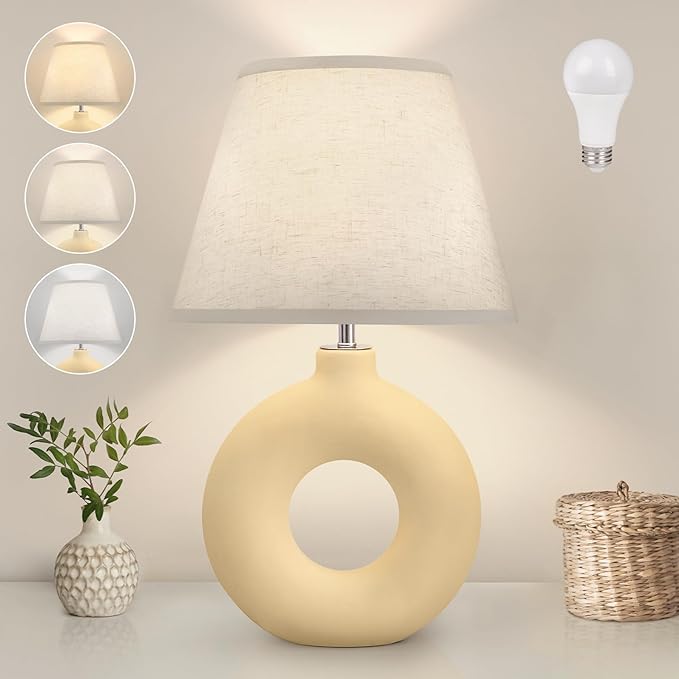 Yellow Table Lamp for Living Room Bedroom, 21" Modern Boho Ceramic Bedside Lamps for Kids Room 3 Color Temperature Small Lamps for Night Stands, Dorm, Dining Room, Home Décor (Bulb Included) - LeafyLoom