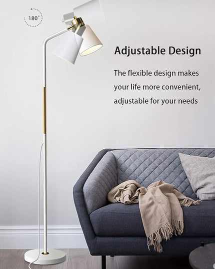 Floor Lamp, Industrial Floor Lamps for Living Rooms Rustic Farmhouse Reading Standing Floor Lamp Adjustable Metal Heads Indoor Task Lighting for Living Room Bedroom Office Home Décor (White) - LeafyLoom