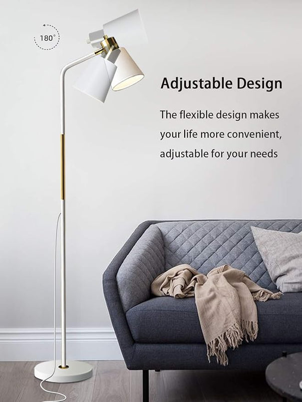 Floor Lamp, Industrial Floor Lamps for Living Rooms Rustic Farmhouse Reading Standing Floor Lamp Adjustable Metal Heads Indoor Task Lighting for Living Room Bedroom Office Home Décor (White) - LeafyLoom