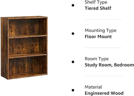 VASAGLE Bookshelf, 23.6 Inches Wide, 3-Tier Open Bookcase with Adjustable Storage Shelves, Floor Standing Unit, Rustic Brown ULBC163X01 - LeafyLoom