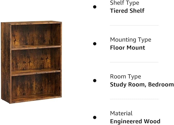 VASAGLE Bookshelf, 23.6 Inches Wide, 3-Tier Open Bookcase with Adjustable Storage Shelves, Floor Standing Unit, Rustic Brown ULBC163X01 - LeafyLoom