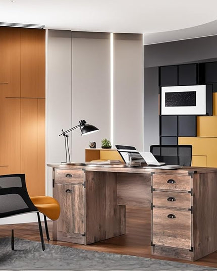 Modern Executive Desk, 59" Vintage Farmhouse Study Writing Desk with Storage Drawers, Industrial Wood Computer Manager's Desk with Knee Space for Home Office, Rustic Oak - LeafyLoom