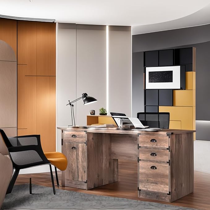 Modern Executive Desk, 59" Vintage Farmhouse Study Writing Desk with Storage Drawers, Industrial Wood Computer Manager's Desk with Knee Space for Home Office, Rustic Oak - LeafyLoom