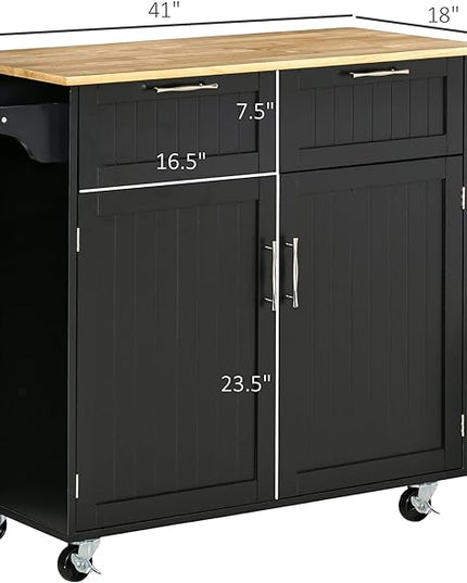 HOMCOM 41" Modern Rolling Kitchen Island on Wheels, Utility Cart Storage Trolley with Rubberwood Top & Drawers, Black - LeafyLoom