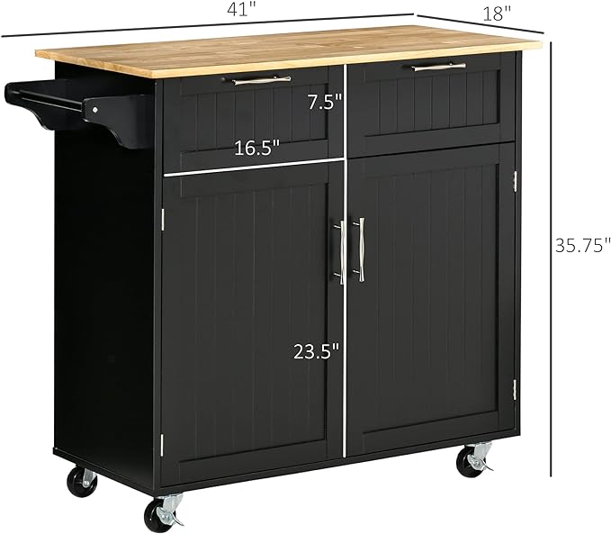 HOMCOM 41" Modern Rolling Kitchen Island on Wheels, Utility Cart Storage Trolley with Rubberwood Top & Drawers, Black - LeafyLoom