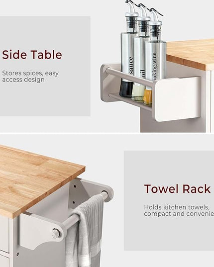 54" Rolling Kitchen Island on Wheels, Large Kitchen Island Cart with Storage Cabinet, Portable Wood Island Table for Kitchen with 2 Drawers and Spice Rack & Towel Rack, White - LeafyLoom