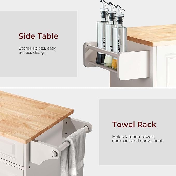 54" Rolling Kitchen Island on Wheels, Large Kitchen Island Cart with Storage Cabinet, Portable Wood Island Table for Kitchen with 2 Drawers and Spice Rack & Towel Rack, White - LeafyLoom