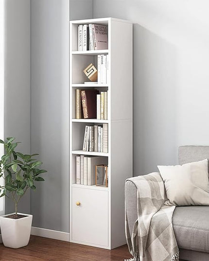 IOTXY Small Narrow Corner Bookcase - 59" Tall Free Standing Gap Storage Cabinet, 6 Lattices Open Shelves Tower Rack with Door, Cubes Bookshelf, White - LeafyLoom