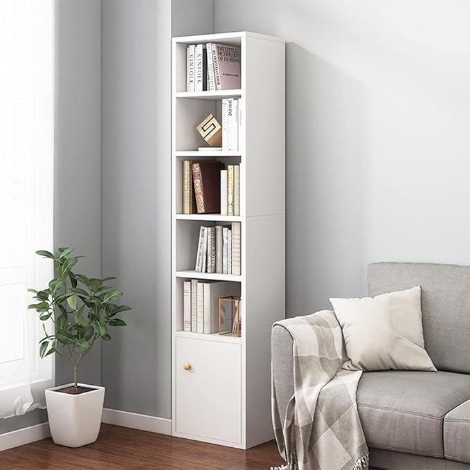 IOTXY Small Narrow Corner Bookcase - 59" Tall Free Standing Gap Storage Cabinet, 6 Lattices Open Shelves Tower Rack with Door, Cubes Bookshelf, White - LeafyLoom