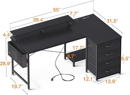 KKL 55 inch L Shaped Computer Desk with USB Charging Port & Power Outlet, L-Shaped Corner Desk with 4 Tier Drawer & Monitor Shelf for Home Office Workstation, Modern Style Writing Table, Black - LeafyLoom