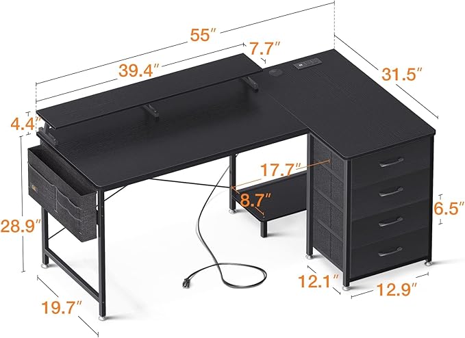 KKL 55 inch L Shaped Computer Desk with USB Charging Port & Power Outlet, L-Shaped Corner Desk with 4 Tier Drawer & Monitor Shelf for Home Office Workstation, Modern Style Writing Table, Black - LeafyLoom