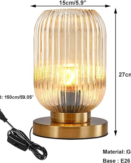 Bedside Table Lamp Mid Century Glass Table Lamps Modern Globe Table lamp Gold Desk lamp nightstand lamp with Amber Pumpkin Design with Ribbed Glass Shade for Bedroom Living Room Office - LeafyLoom