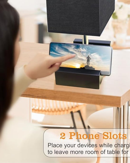 Fully Dimmable Nightstand Lamp for Bedroom with AC Outlet, Table Lamp with Two Phone Stands, Bedside Lamps, Desk Lamp for Bedroom, Living Room, LED Bulb Included Black - LeafyLoom