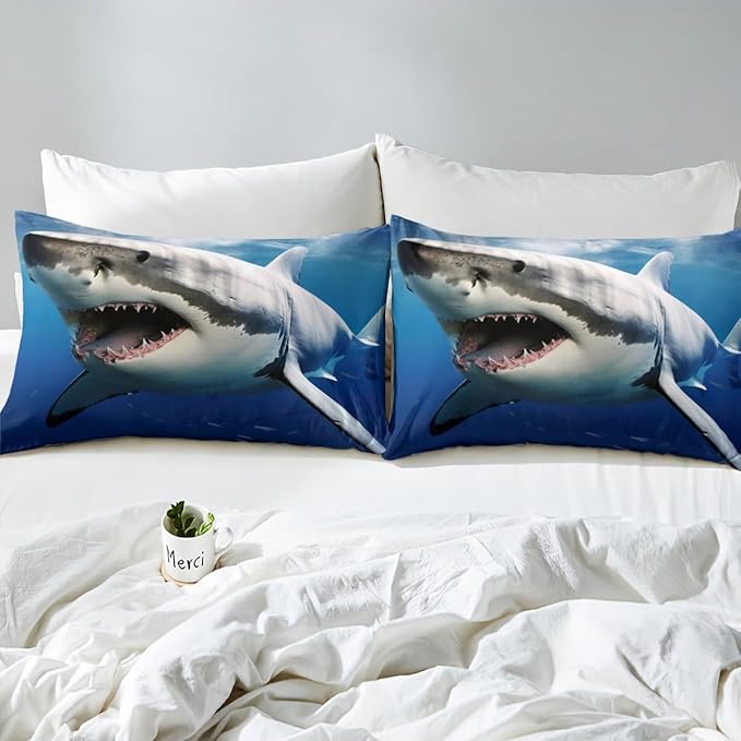 Kids Comforter Set for Boys Girls,3D Shark Fish Down Comforter 3 Piece Hawaiian Beach Theme Bedding Quilted Duvet Set Ocean Sea Animal Pattern Blue Duvet Insert for Toddler Teen Bedroom Decor,King - LeafyLoom