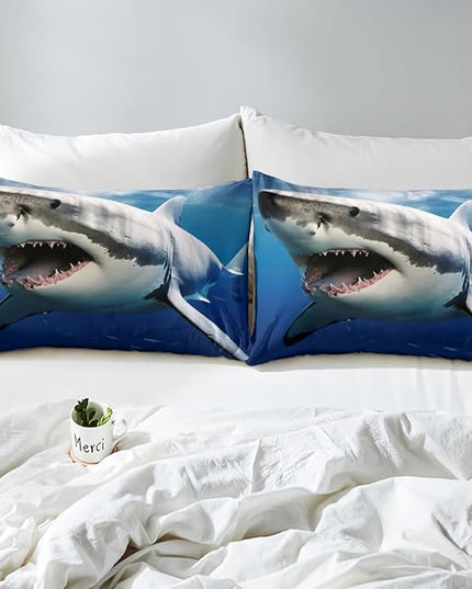 Kids Comforter Set for Boys Girls,3D Shark Fish Down Comforter 2 Piece Hawaiian Beach Theme Bedding Quilted Duvet Set Ocean Sea Animal Pattern Blue Duvet Insert for Toddler Teen Bedroom Decor,Twin - LeafyLoom
