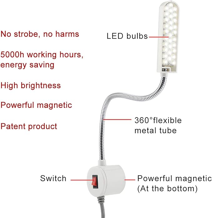 Zerodis Sewing Machine Light LED Lighting, LED Lamp Magnetic Base LED Desk Lamp for Workbench Lathe Drill Press Daylight Flexible Arm Work Lamp(us) - LeafyLoom