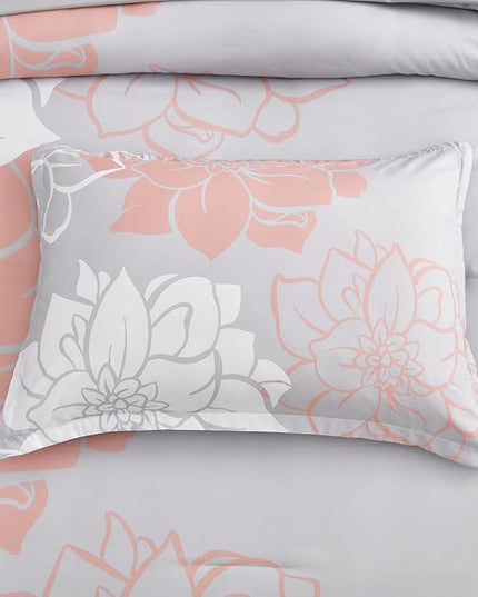 Floral Comforter Set Queen 7 Piece Bed in a Bag Coral Flower Comforter with Sheet Set Soft Micorfiber Bedding Set (1 Comforter,2 Pillow Shams,1 Flat Sheet,1 Fitted Sheet,2 Pillowcases) - LeafyLoom
