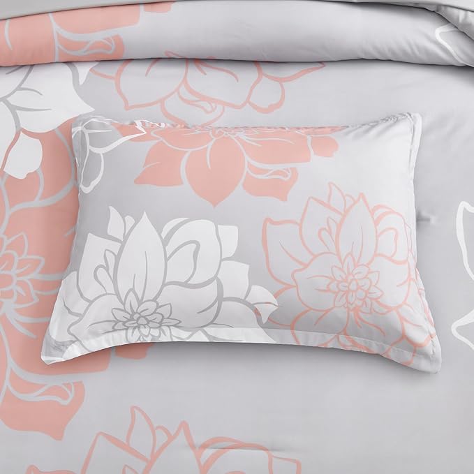 Floral Comforter Set King 7 Piece Bed in a Bag Coral Flower Comforter with Sheet Set Soft Micorfiber Bedding Set (1 Comforter,2 Pillow Shams,1 Flat Sheet,1 Fitted Sheet,2 Pillowcases) - LeafyLoom