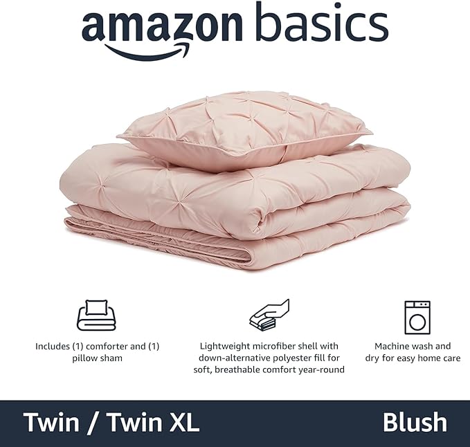 Amazon Basics Pinch Pleat All-Season Down-Alternative Comforter 2-Piece Bedding Set, Geometric, Twin/TwinXL, Blush - LeafyLoom