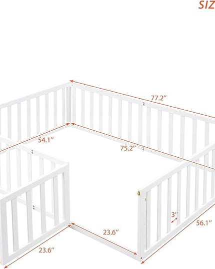 Multifunctional Full Size Floor Bed with Safety Guardrails and Door, Montessori Sturdy Solid Wood Beds Frame, Easy Assembly and No Spring Need, for Boys and Girls Room, White - LeafyLoom