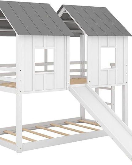 Low House Bunk Bed with Slide and Windows, Twin Over Twin Wooden Bunk Beds with Safety Guardrails for Kids Teen, Girls, Boys, White - LeafyLoom