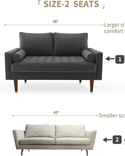 Velvet Furniture for Small Spaces, Mid-Century Modern Loveseats for Living Room, Love Seat Couch Sofas, 58 Inches, Grey - LeafyLoom