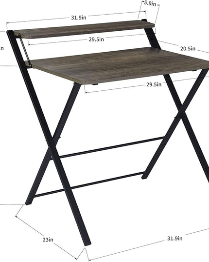 FurnitureR 31.9'' Folding Desk 2 Tier Foldable Writing Table Assembly Saves Space for Home Office Study, Metal Frames/Wood Top Laptop Table Computer Desk, Industrial Brown - LeafyLoom