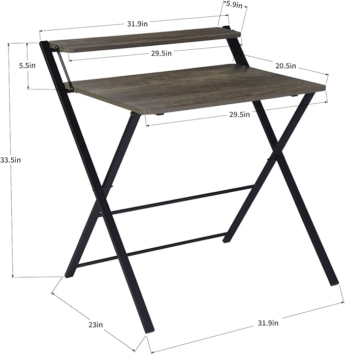 FurnitureR 31.9'' Folding Desk 2 Tier Foldable Writing Table Assembly Saves Space for Home Office Study, Metal Frames/Wood Top Laptop Table Computer Desk, Industrial Brown - LeafyLoom