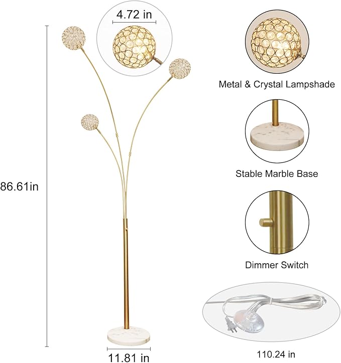 Depuley Floor Lamp, 3-Light Adjustable Metal Floor Lamps with Marble Base, Dimmable Tall Pole Tree Standing Lamp with Flexible Rotating Lights for Living Room, Bedroom(Gold, G9 Bulbs Included) - LeafyLoom