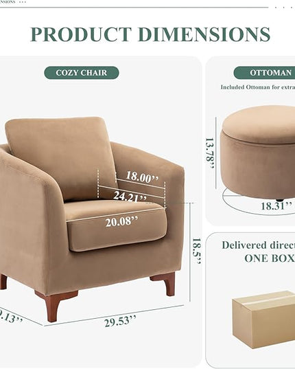 COLAMY Velvet Accent Chair with Storage Ottoman Set, Upholstered Barrel Arm Chair with Footrest, Modern Living Room Chair with Back Pillow, Camel - LeafyLoom